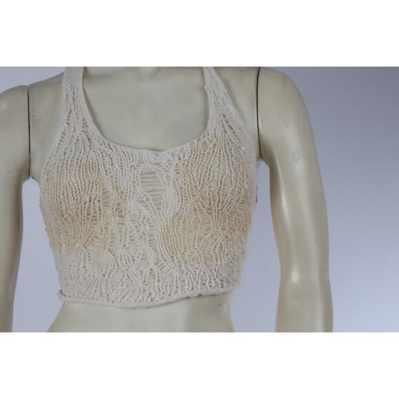 Sleeveless Ivory Distressed Crochet Lace Cropped Stretch Tank Top Boho Size S - Picture 4 of 7